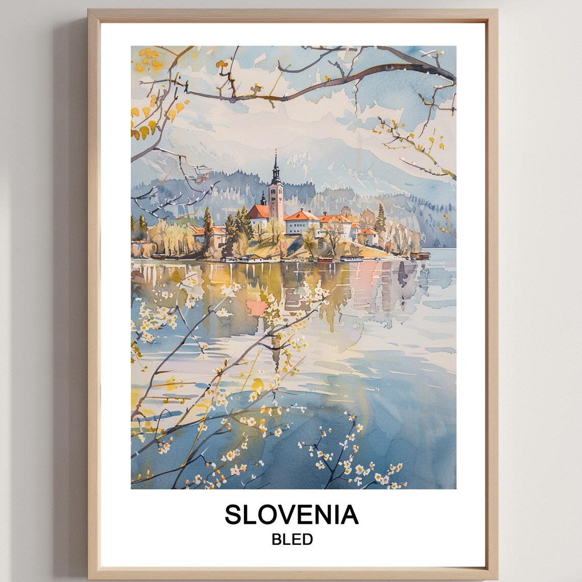 Lake Bled Slovenia Island Church Blossoms Watercolor Travel Poster
