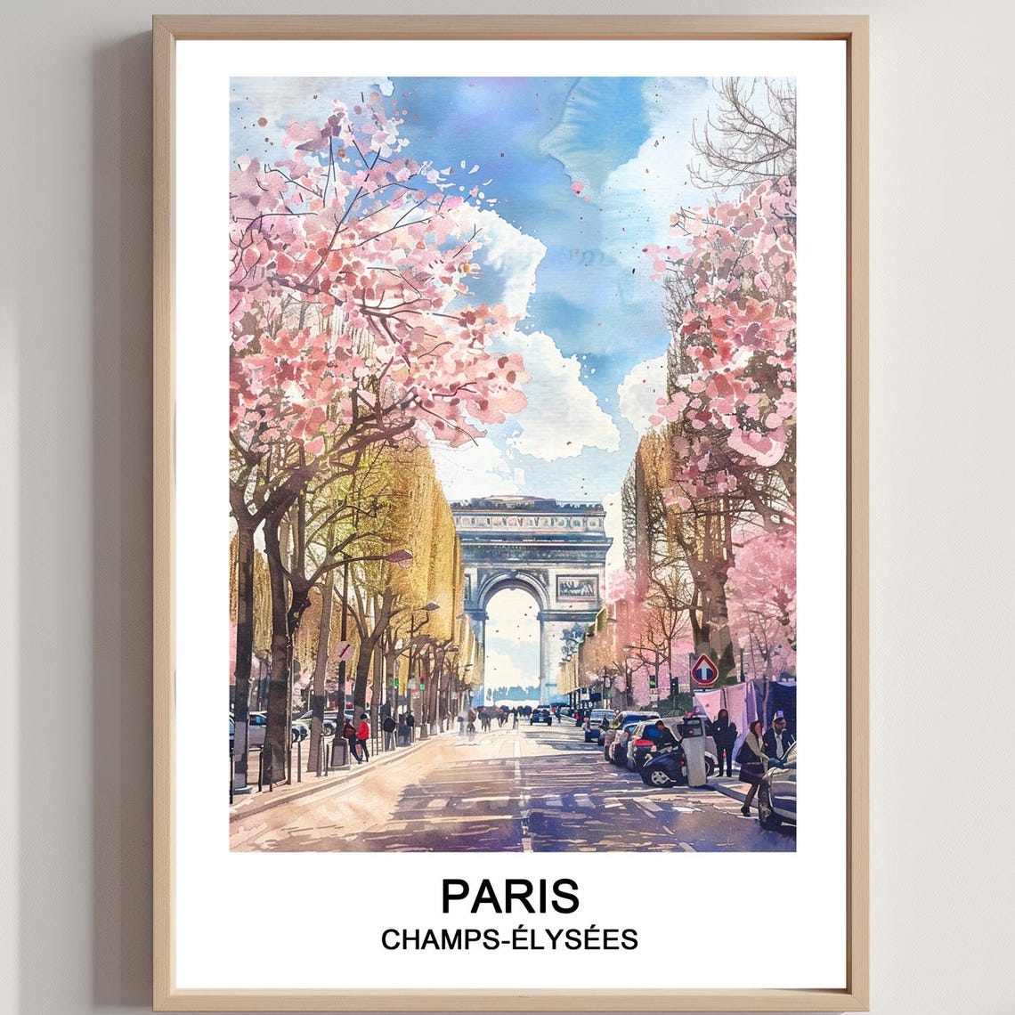 Paris Champs Elysees Arc de Triomphe Blossom Watercolor Poster