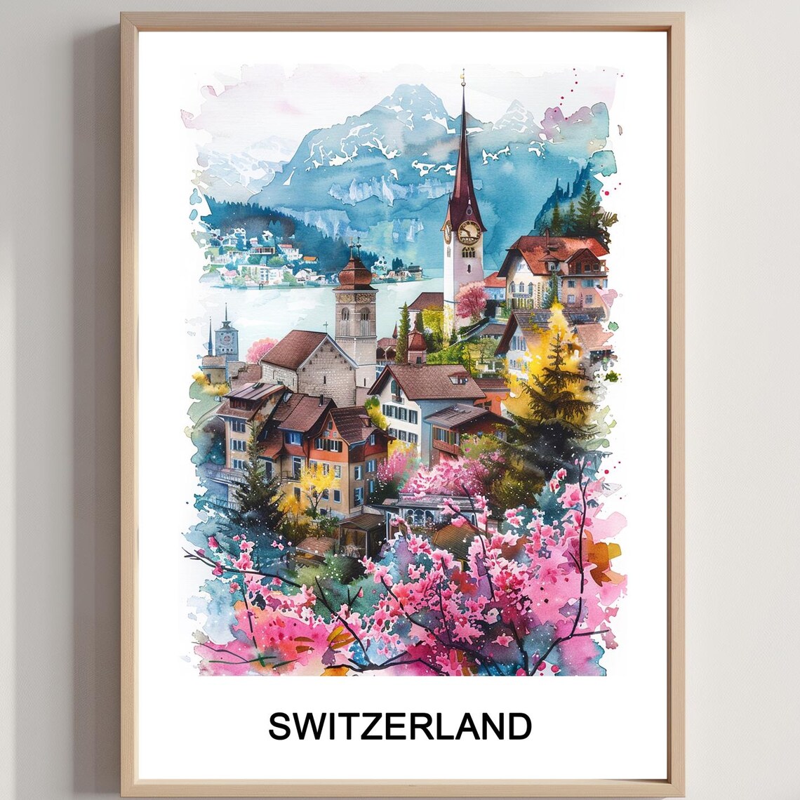 Switzerland Alpine Village Lake Watercolor Travel Scenic Wall Poster