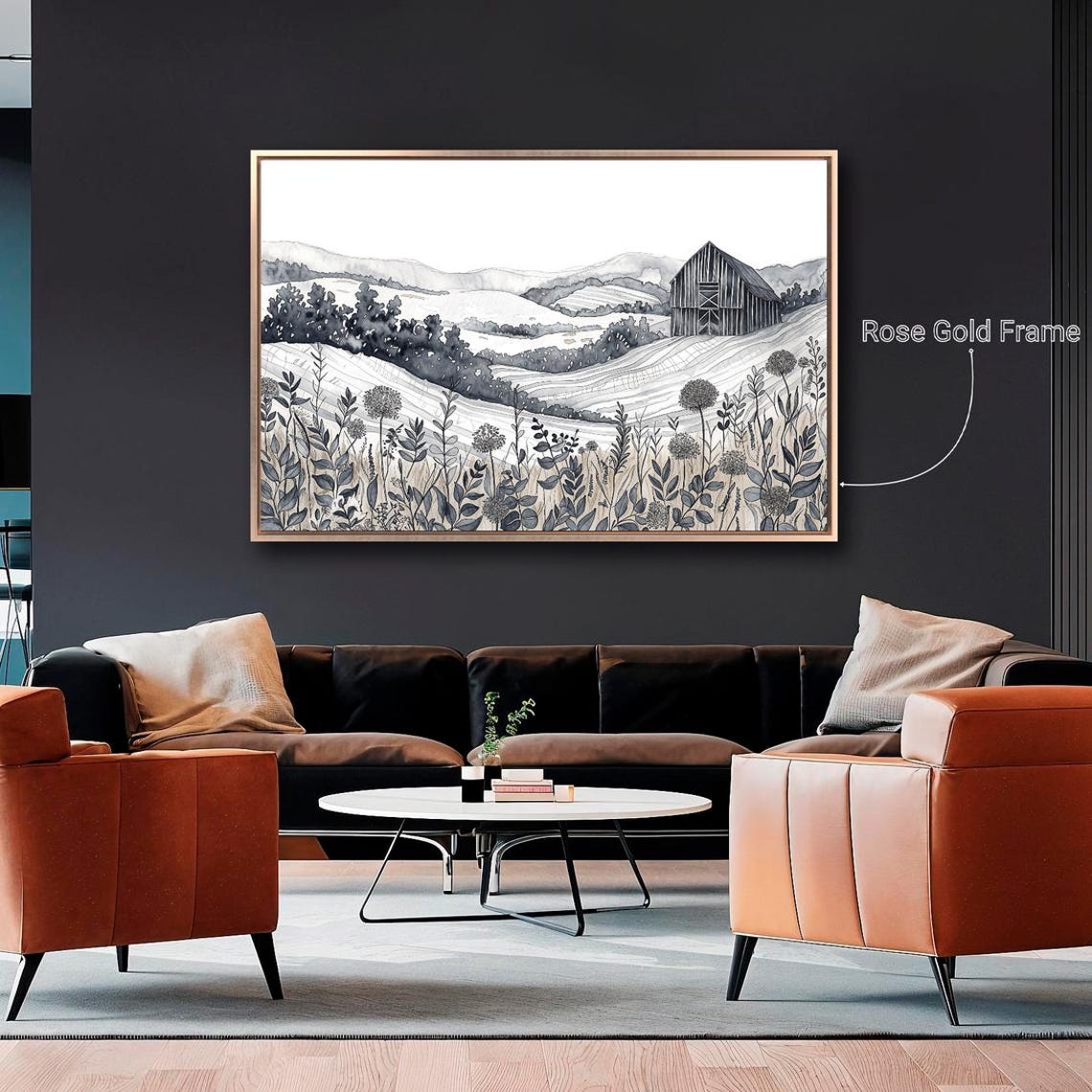 Countryside With Rolling Hills Framed Print Black White Landscape Wall Art Fields Painting Print Rustic Decor Ready To Hang - Image 5