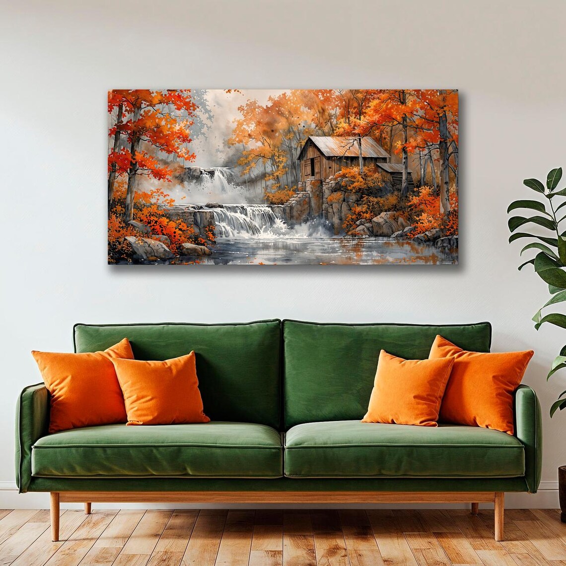 Rustic Cabin Waterfall Autumn Landscape Art Print - Image 2
