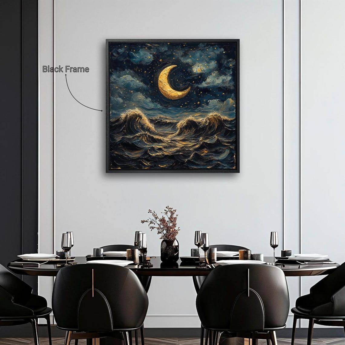 Golden Crescent Moon Over Dark Ocean Waves Night Seascape Wall Poster - Image 2