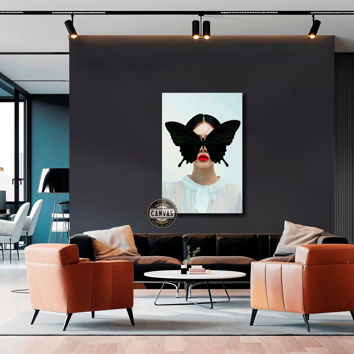 Black Butterfly Over Woman Face Surreal Red Lips Fashion Art Poster - Image 4