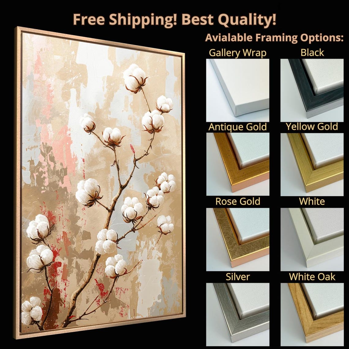 Cotton Branch White Bolls Neutral Botanical Farmhouse Wall Art Print - Image 4