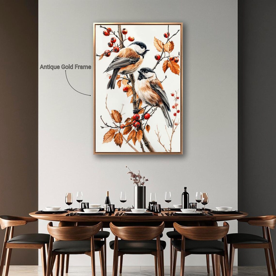 Two Black Capped Chickadees Red Berries Bird Wildlife Art Poster - Image 2