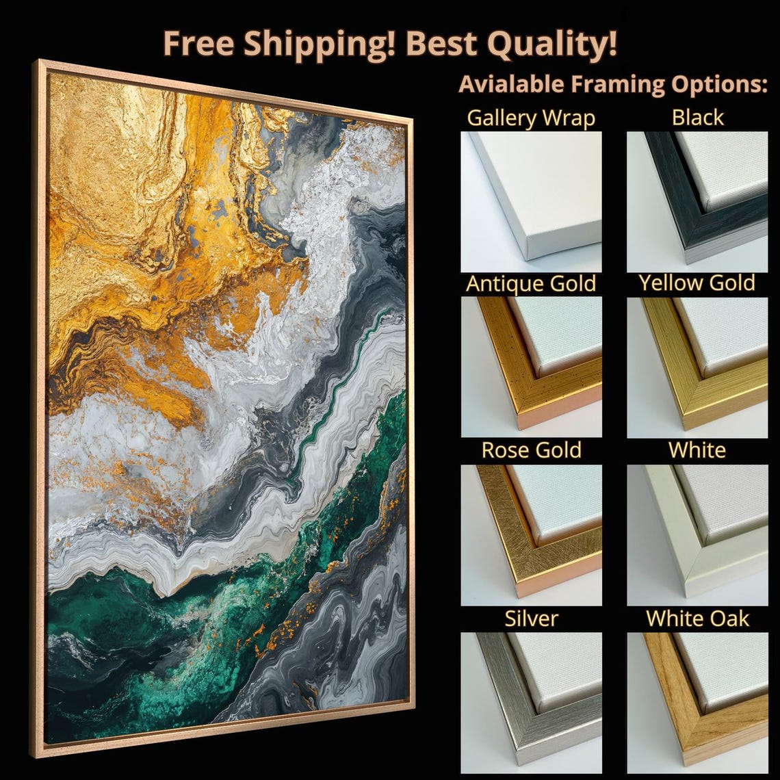 Emerald Green Gold Gray Marble Swirls Abstract Luxury Art Print - Image 5