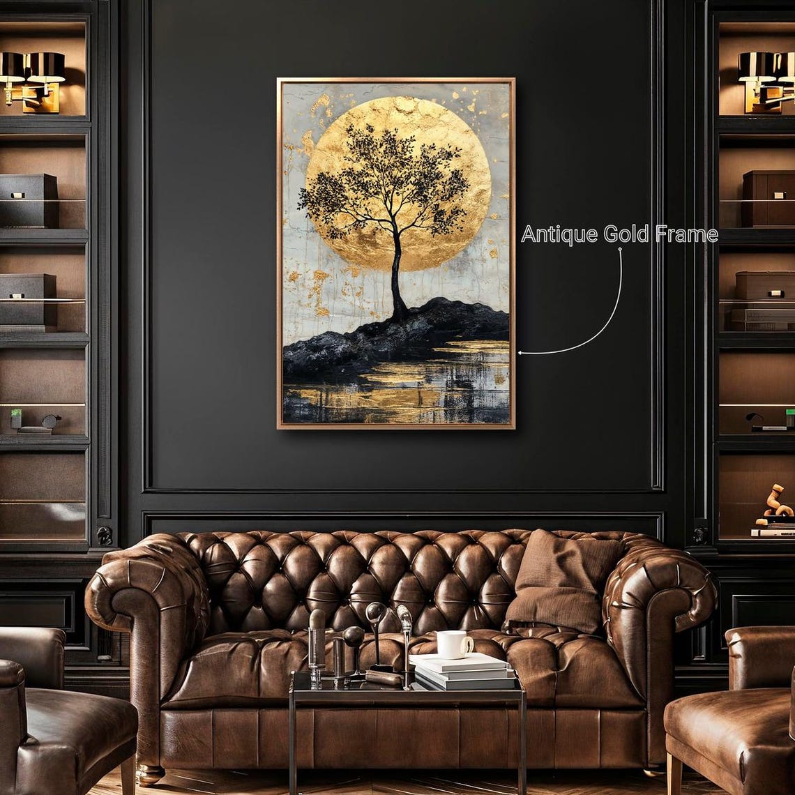 Black Tree Silhouette Gold Full Moon Reflective Water Art Print - Image 2