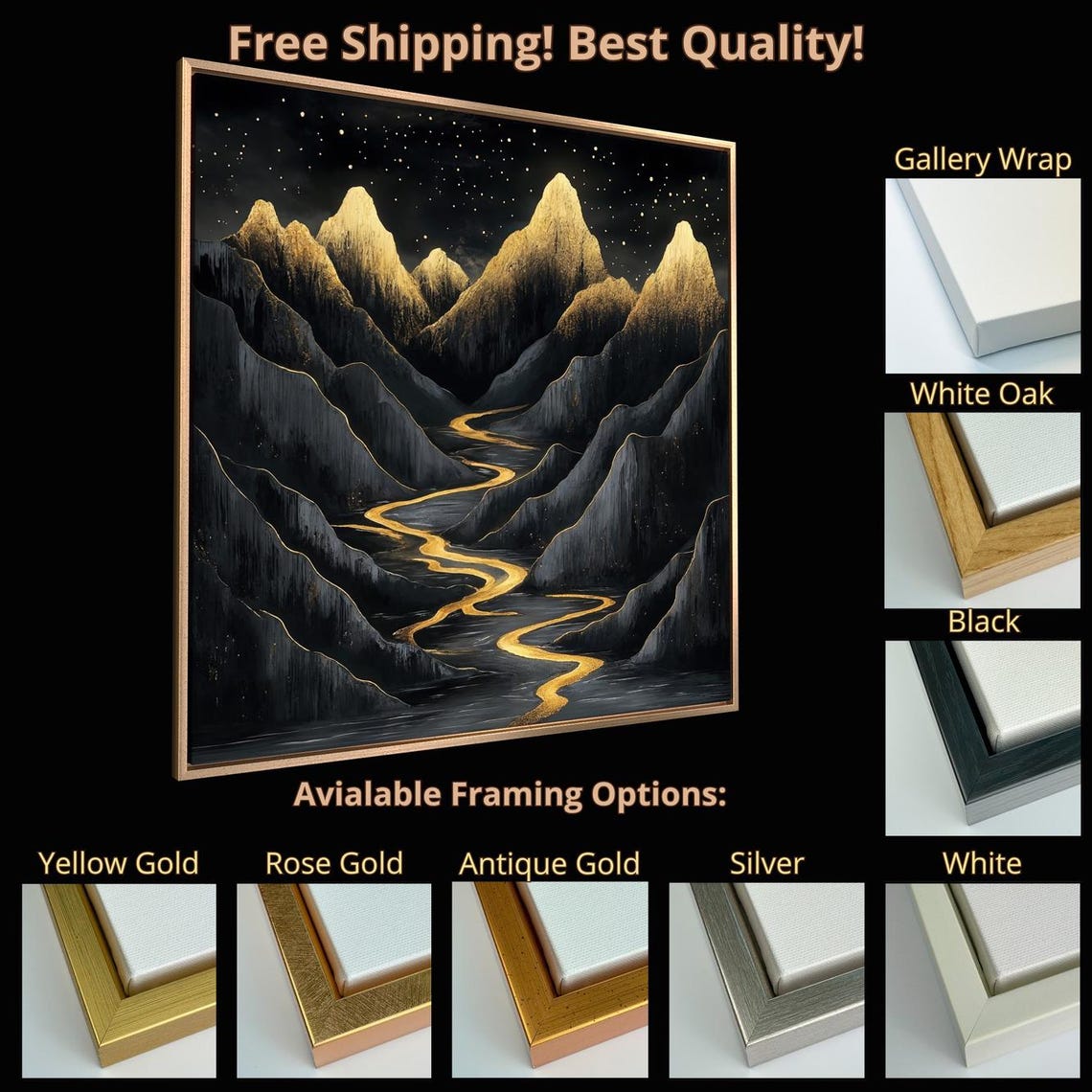 Black Mountain Peaks Golden Starry Night River Luxury Art Print - Image 5