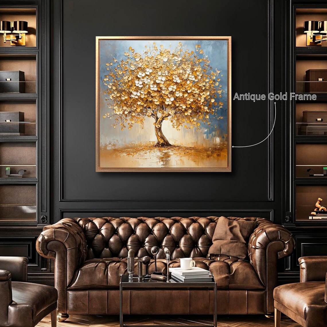 Golden Tree Of Life With White Blossoms Abstract Painting Wall Poster - Image 4