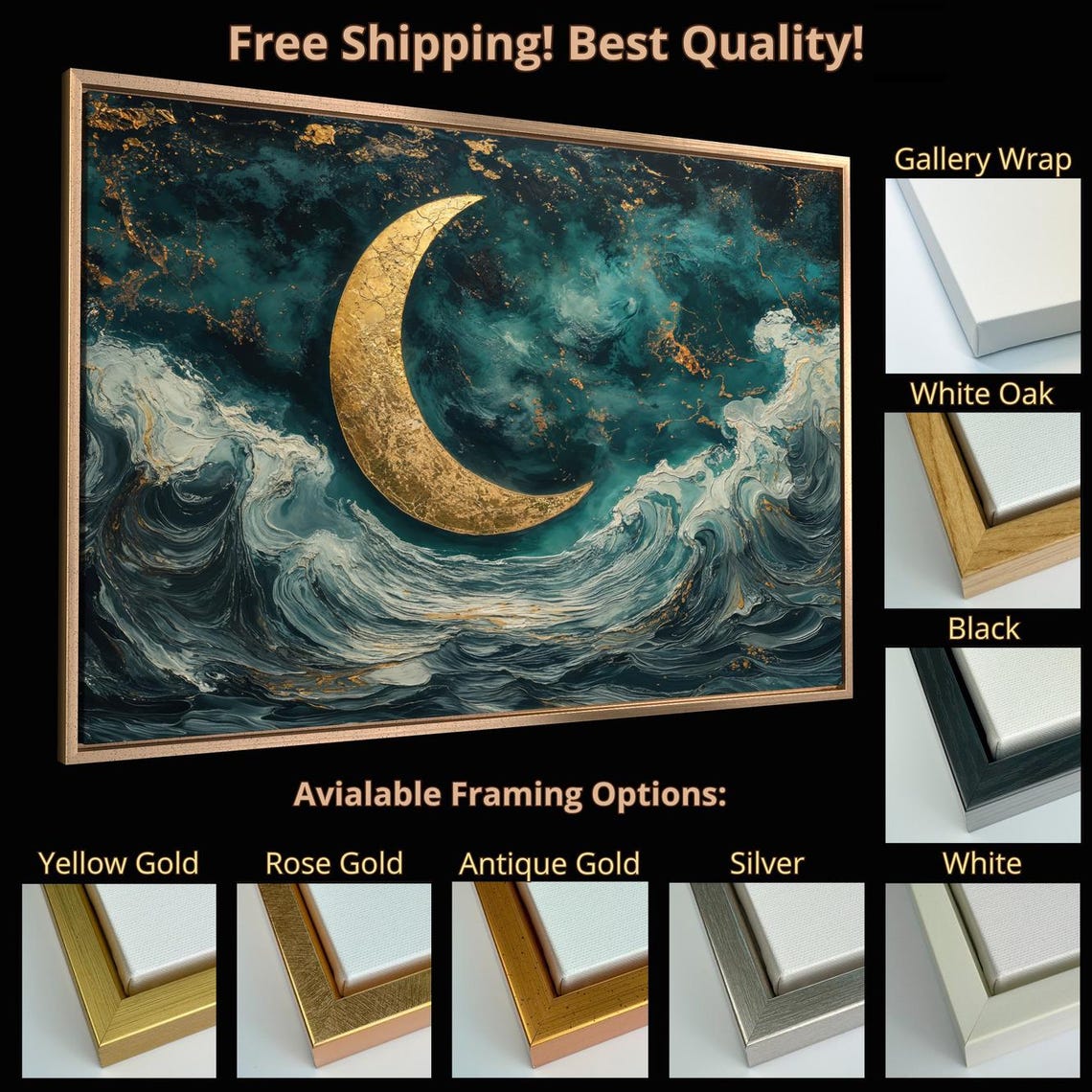 Golden Crescent Moon Over Dark Ocean Waves Abstract Art Print - Image 5