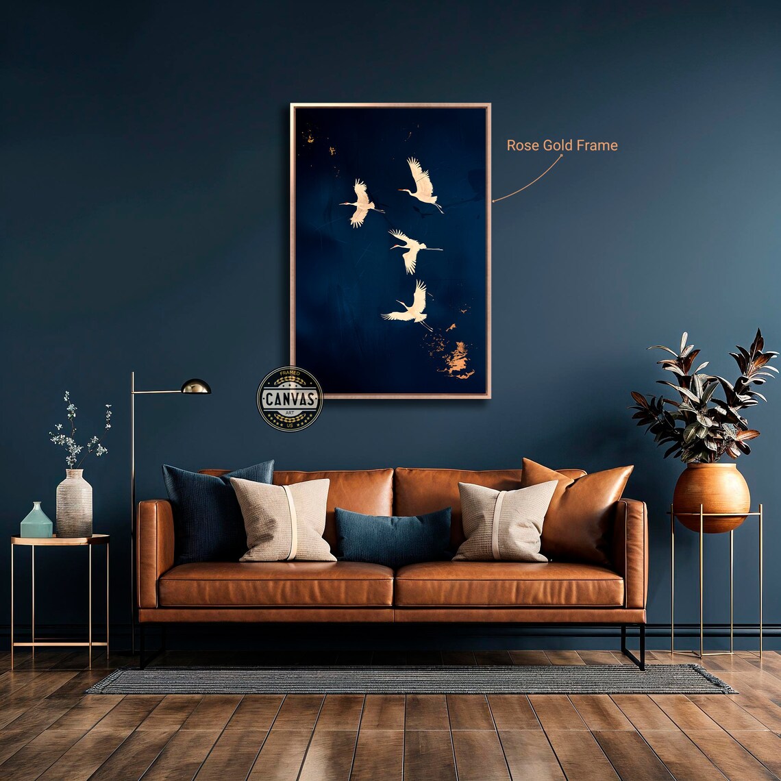 Elegant Gold Cranes Art Print, Dark Blue Background - Image 2