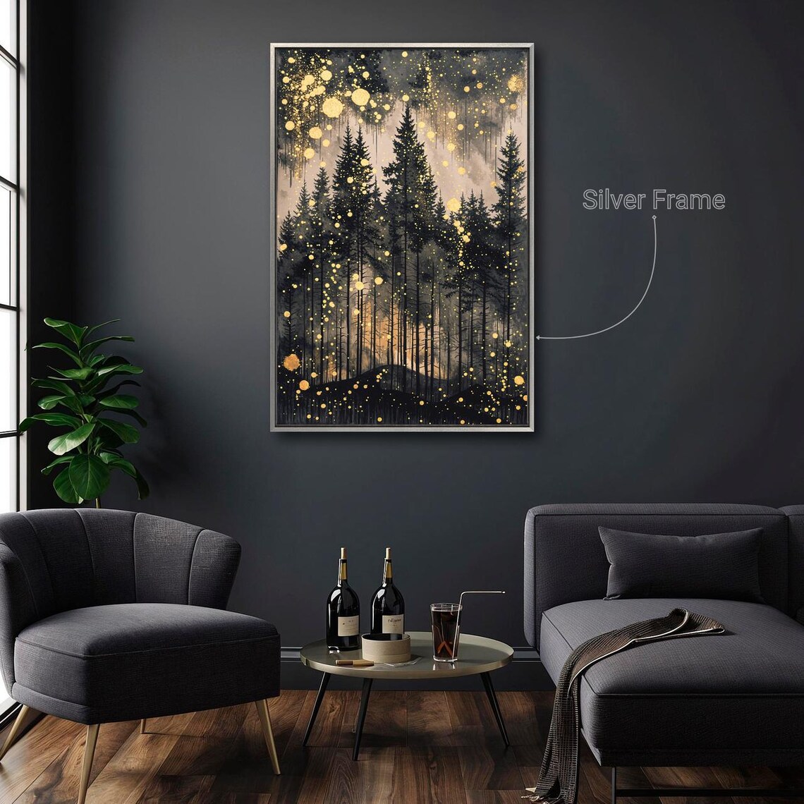 Mystical Pine Forest Golden Starry Night Enchanted Woods Wall Art Poster - Image 4