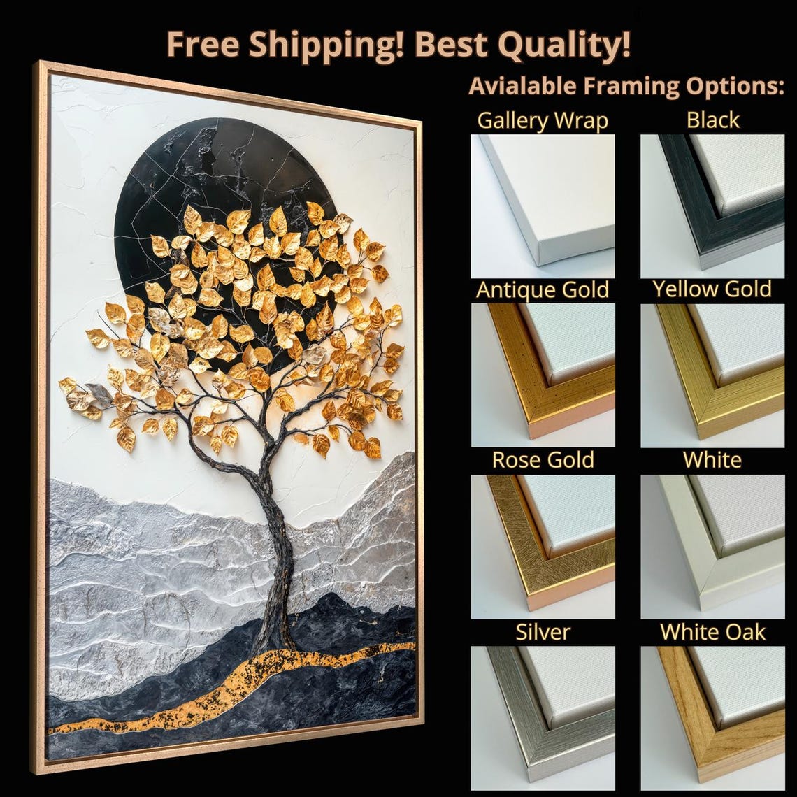 Mystical Golden Tree Black Moon Circle Textured Mountain Art Print - Image 5