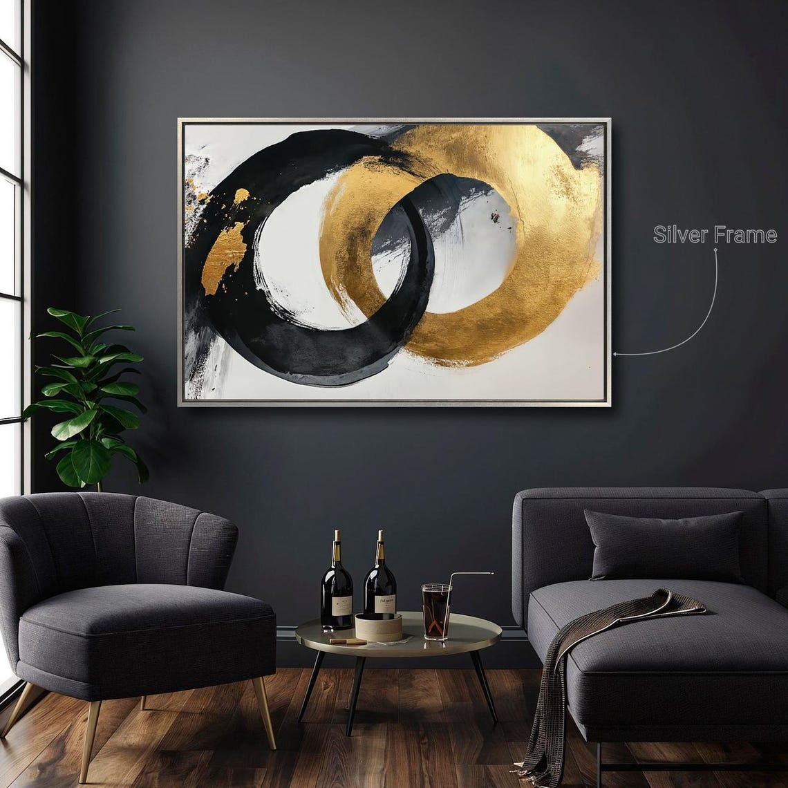 Black Gold Interlocking Circles Abstract Brushstroke Wall Art - Image 4