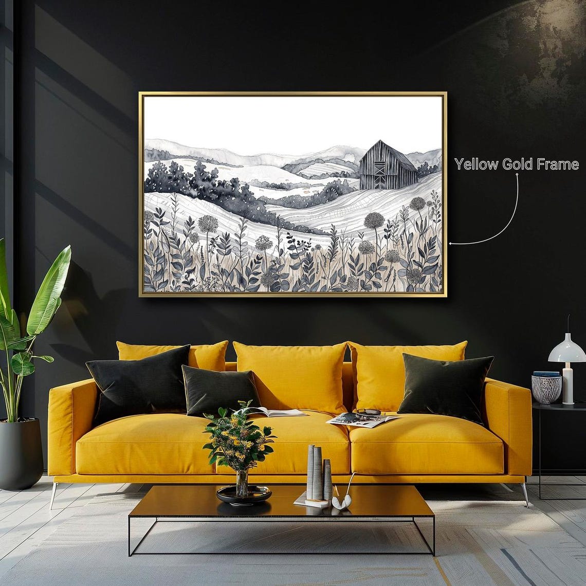 Countryside With Rolling Hills Framed Print Black White Landscape Wall Art Fields Painting Print Rustic Decor Ready To Hang - Image 3