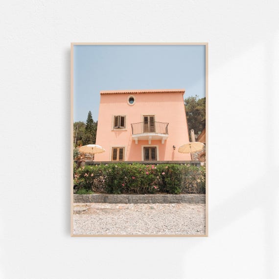 Pink Beach Villa Art Pink Italy Wall Art Aesthetic Room Decor Minimalist Peach Print Cute Wall Art Sicilian Summer Villa Poster