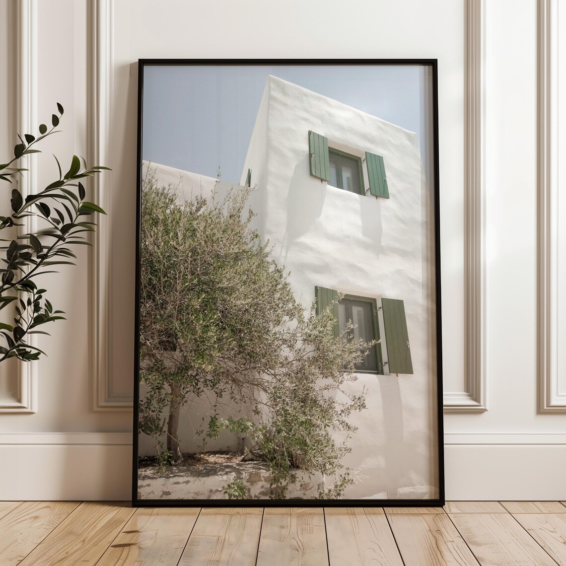 White Greek Building Green Shutters Olive Tree Travel Poster - Image 6