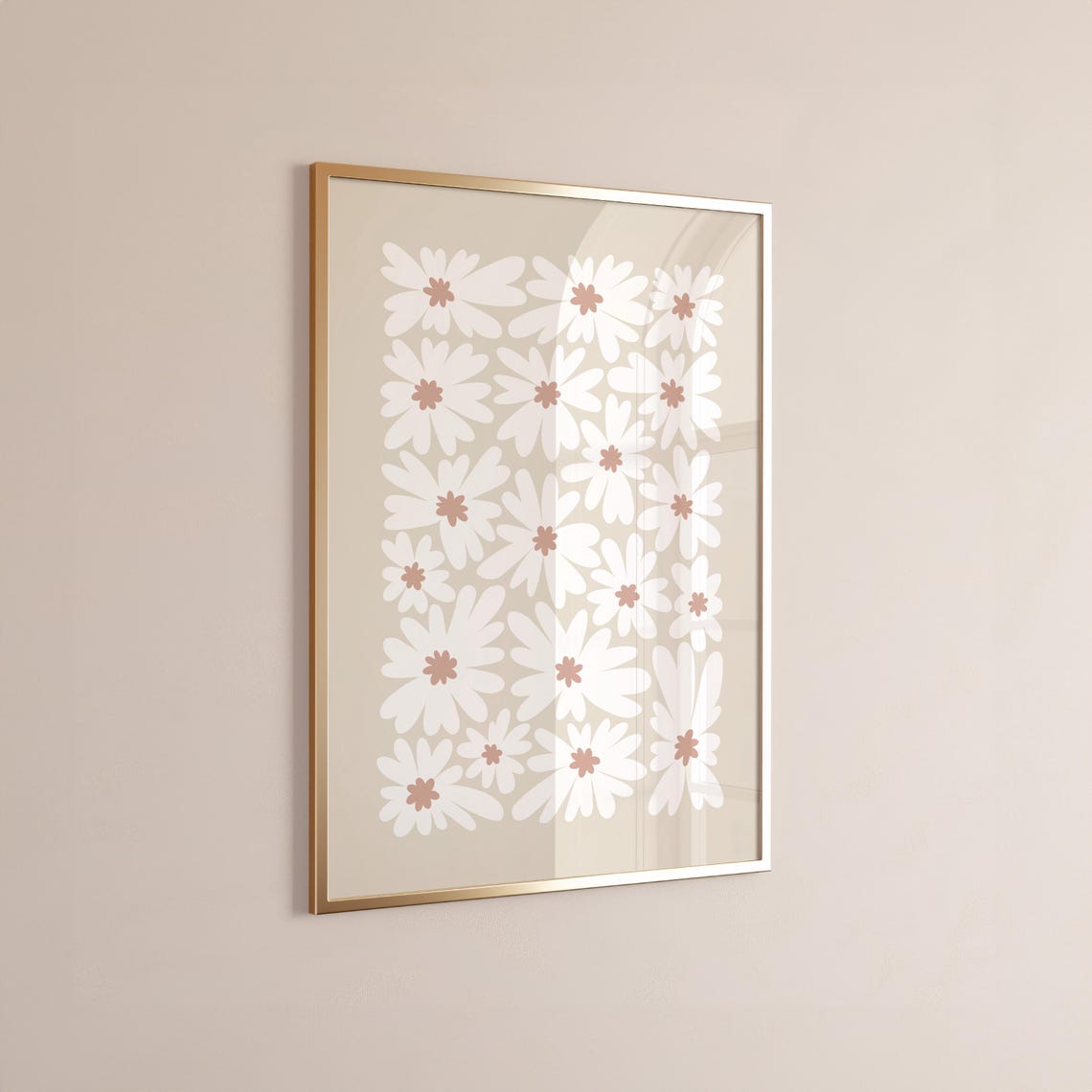White Daisy Grid Floral Pattern Warm Beige Botanical Art Poster - Image 4