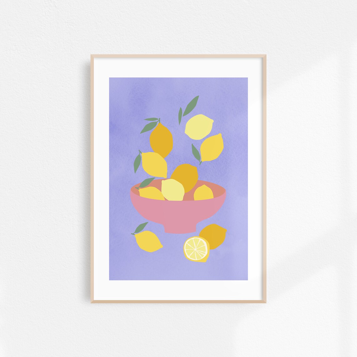 Pink Bowl Of Lemons On Lavender Watercolor Kitchen Art Poster