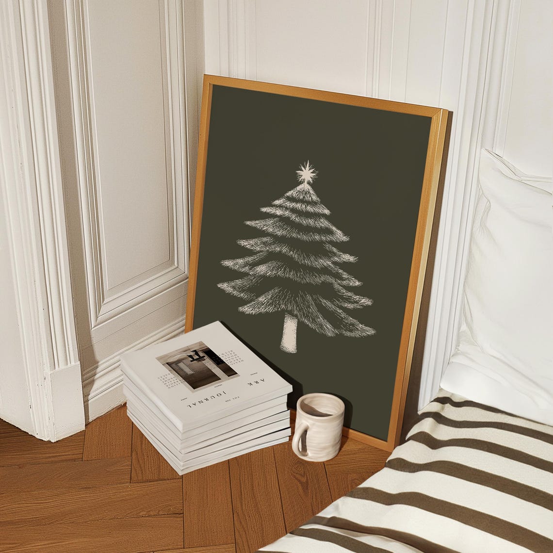 White Chalk Christmas Tree Dark Green Minimal Holiday Poster