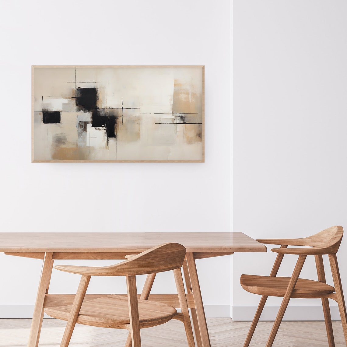 Mid Century Modern Beige Black Grid Squares Abstract Art Poster - Image 3