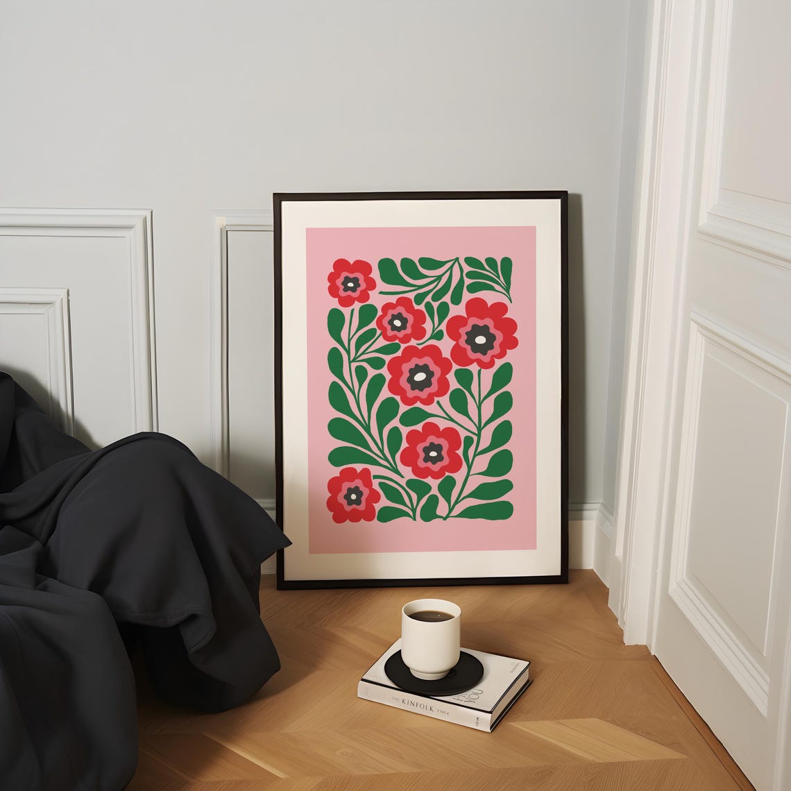 Retro Pink Green Floral Abstract Flowers Dopamine Decor Wall Art - Image 3