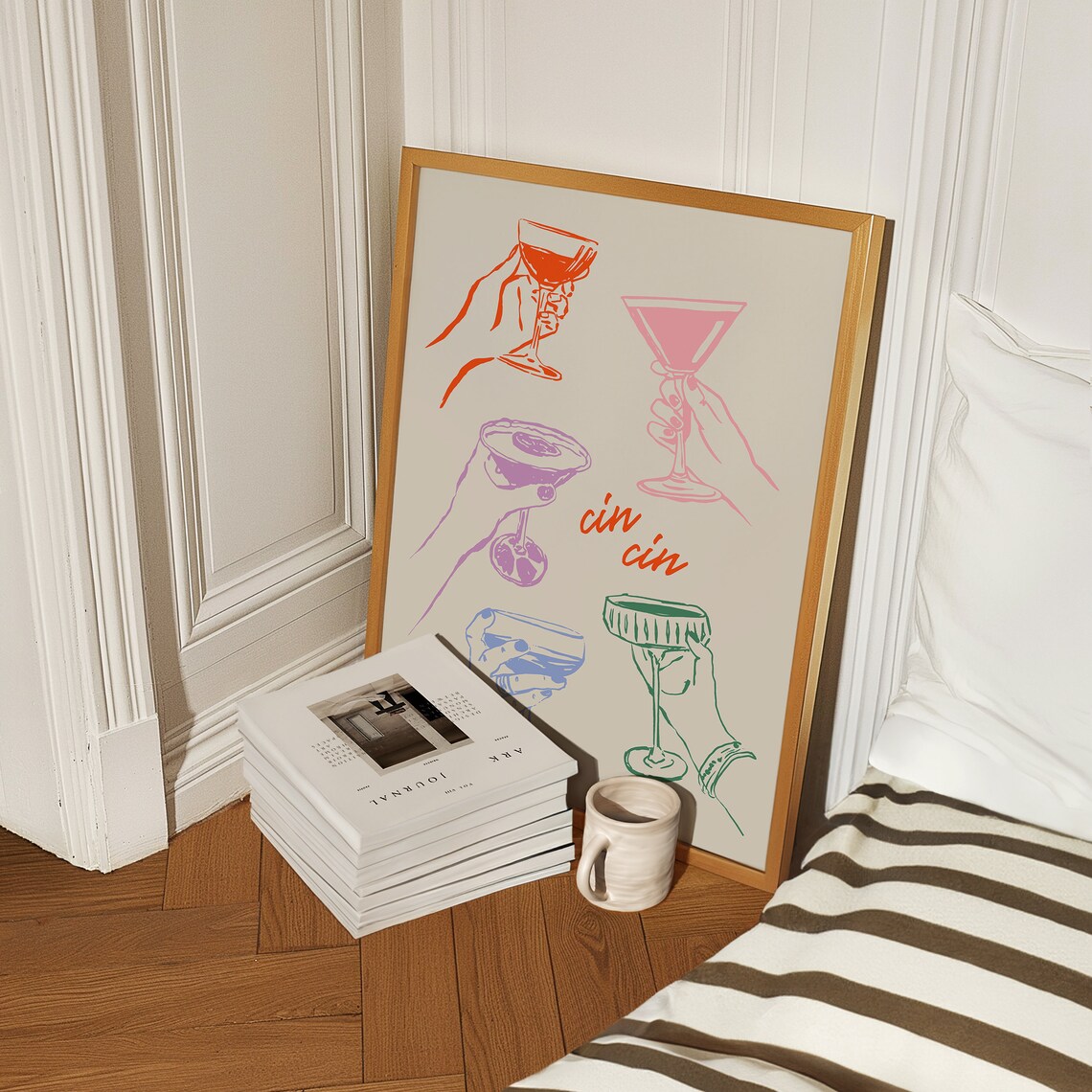 Cin Cin Colorful Cocktail Hands Cheers Retro Bar Cart Poster - Image 2