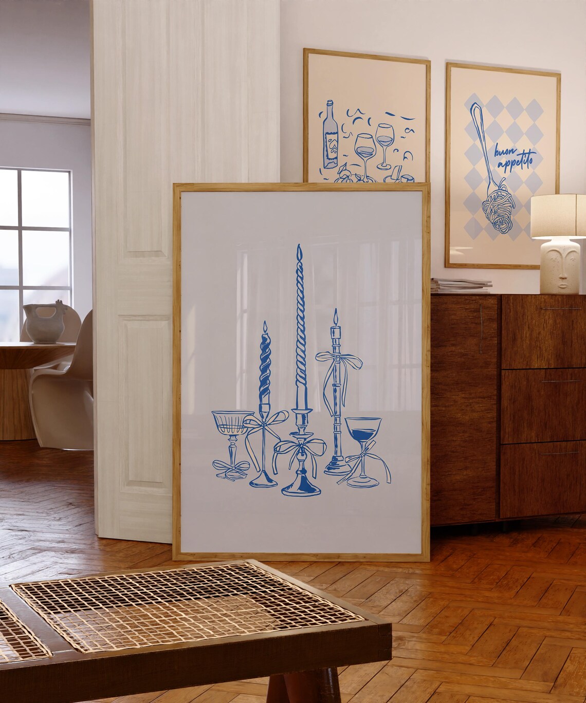 Elegant Blue Line Drawing Candles and Wine Glasses Art Poster - Image 3