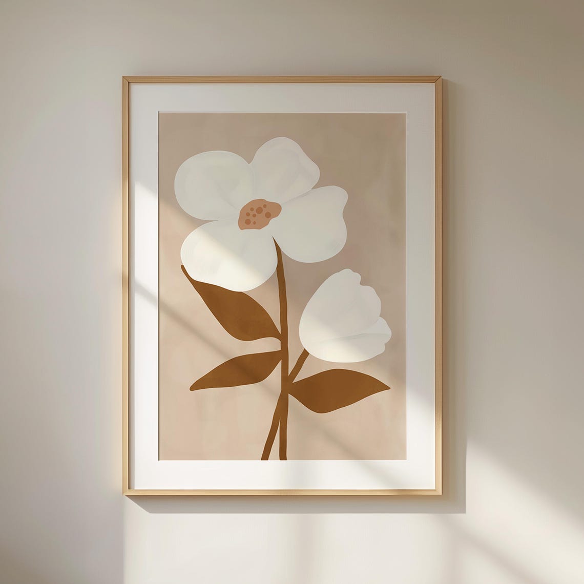 Beige Minimal White Flower Brown Stem Neutral Botanical Wall Art