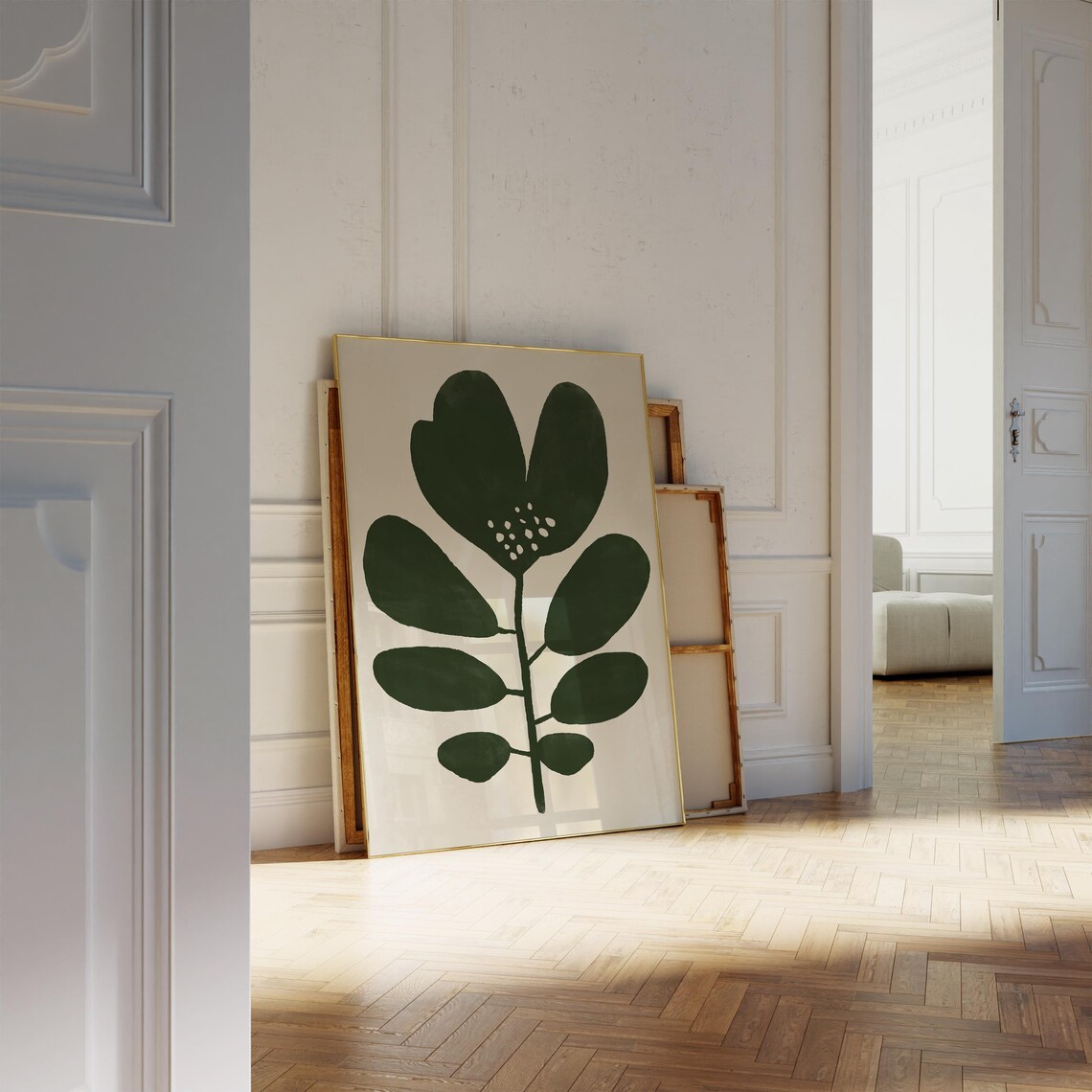 Dark Green Leaf Stem Cream Background Minimalist Botanical Art Poster - Image 3