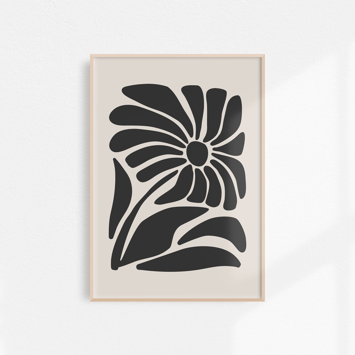 Black Retro Daisy With Leaves On Beige Organic Botanical Poster