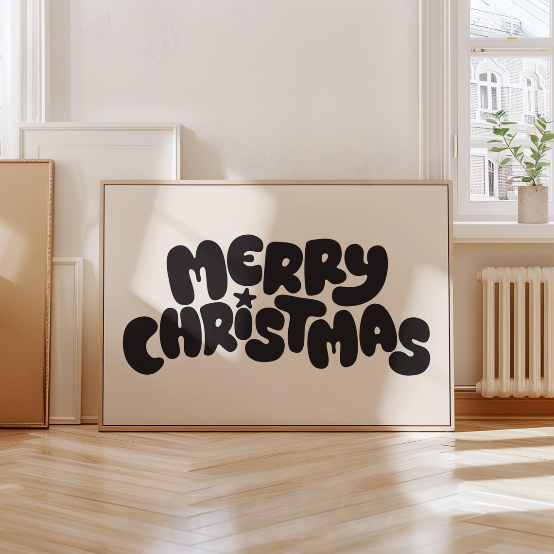 Merry Christmas Charcoal Bubble Letters Cream Holiday Art Poster - Image 5