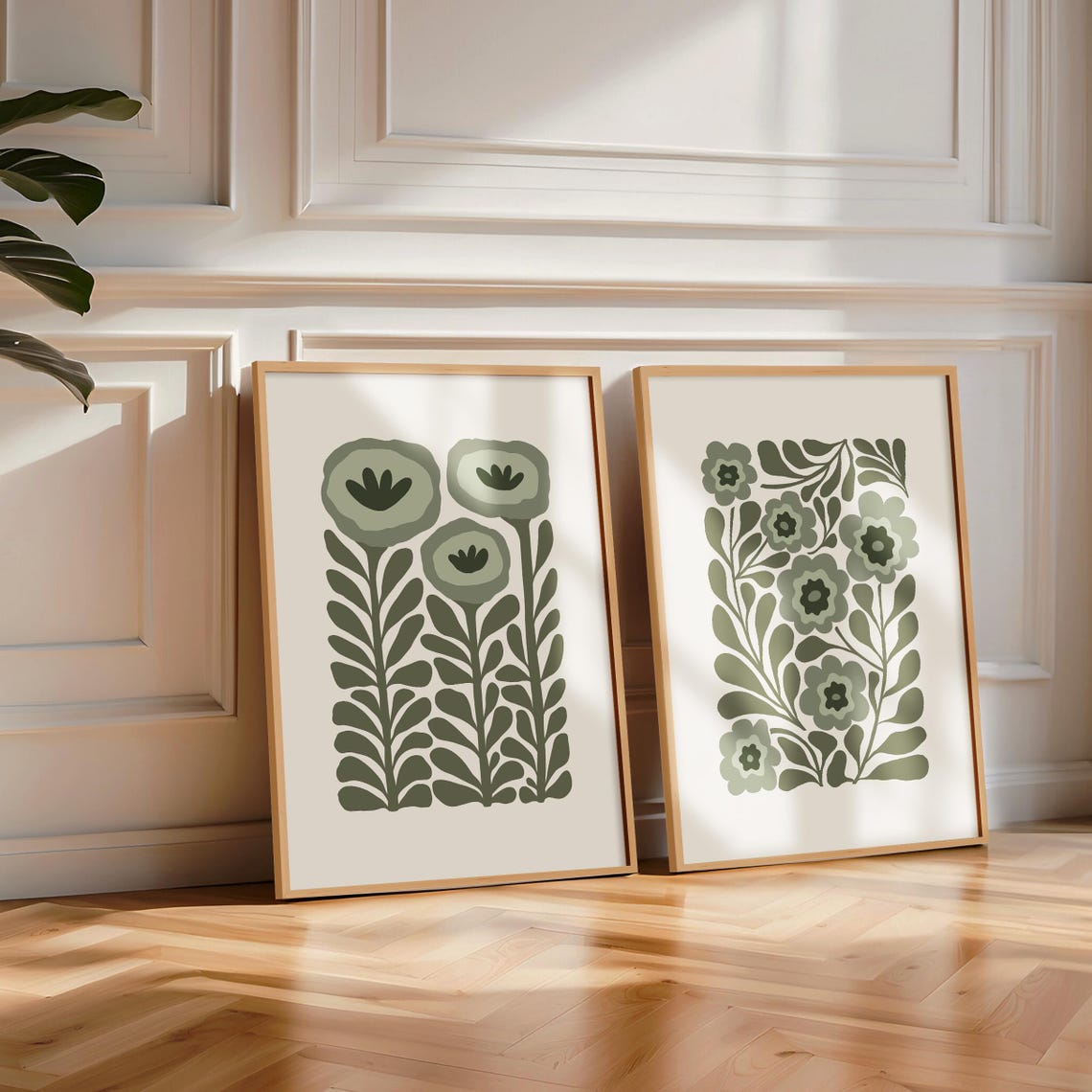 Sage Green Stylized Floral Botanical Trio Mid Century Art Poster - Image 5