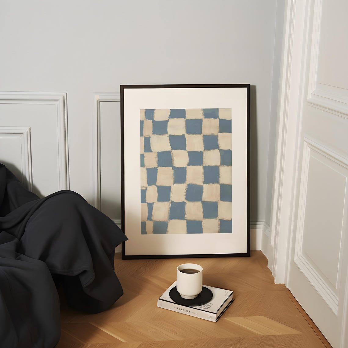 Hand Painted Blue White Checkered Modern Abstract Art Poster - Image 2