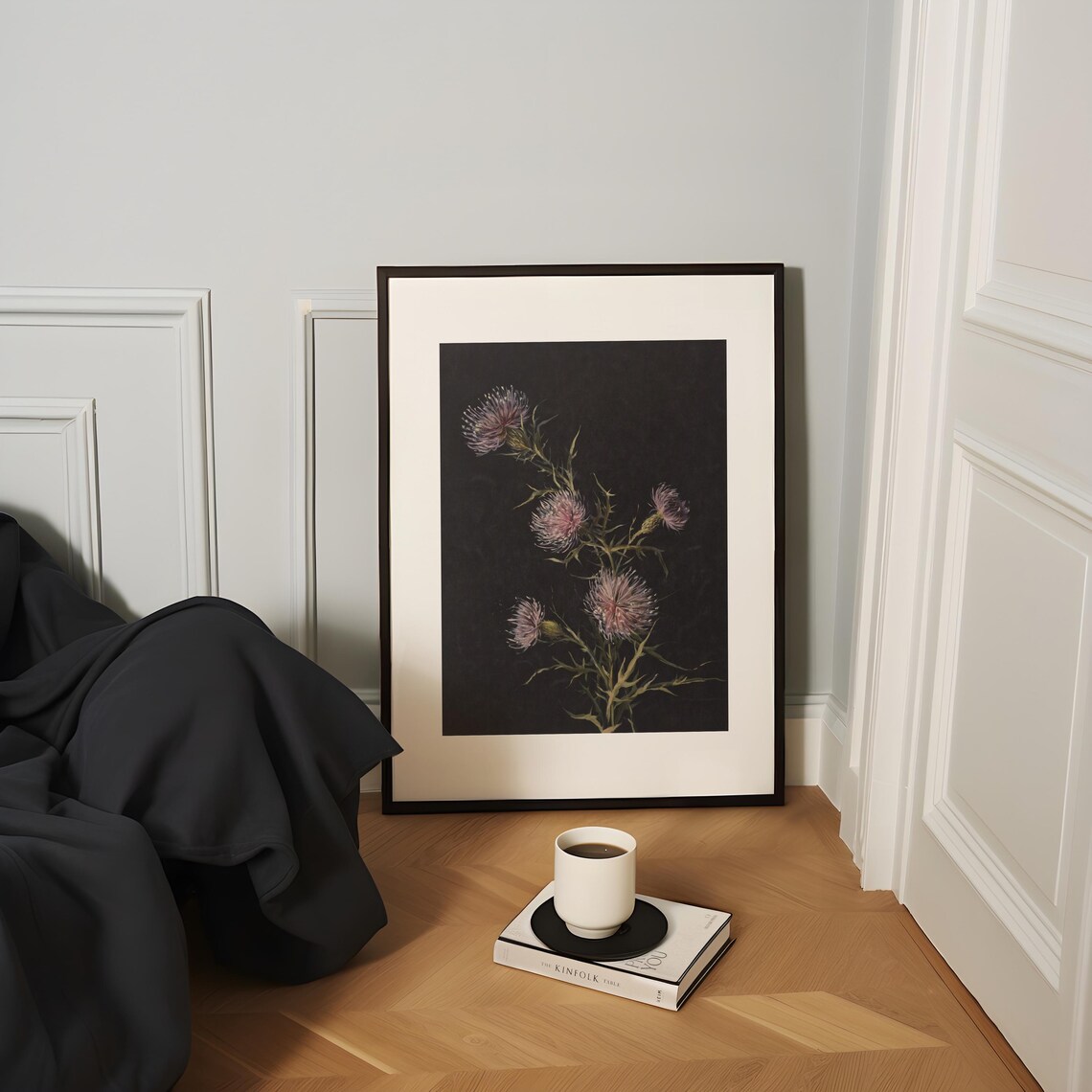 Dark Thistle Flowers Moody Black Floral Vintage Botanical Poster - Image 2