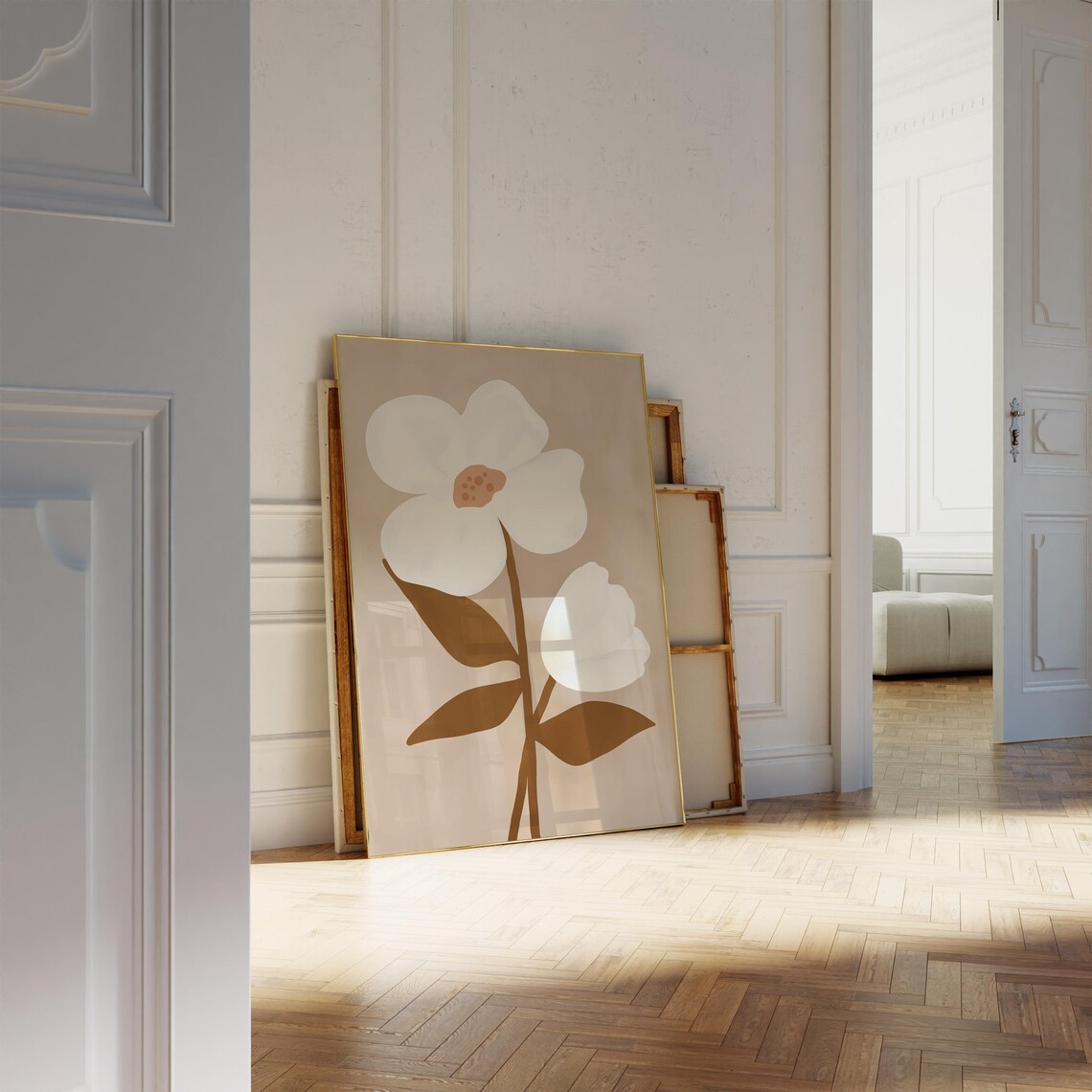 Beige Minimal White Flower Brown Stem Neutral Botanical Wall Art - Image 3