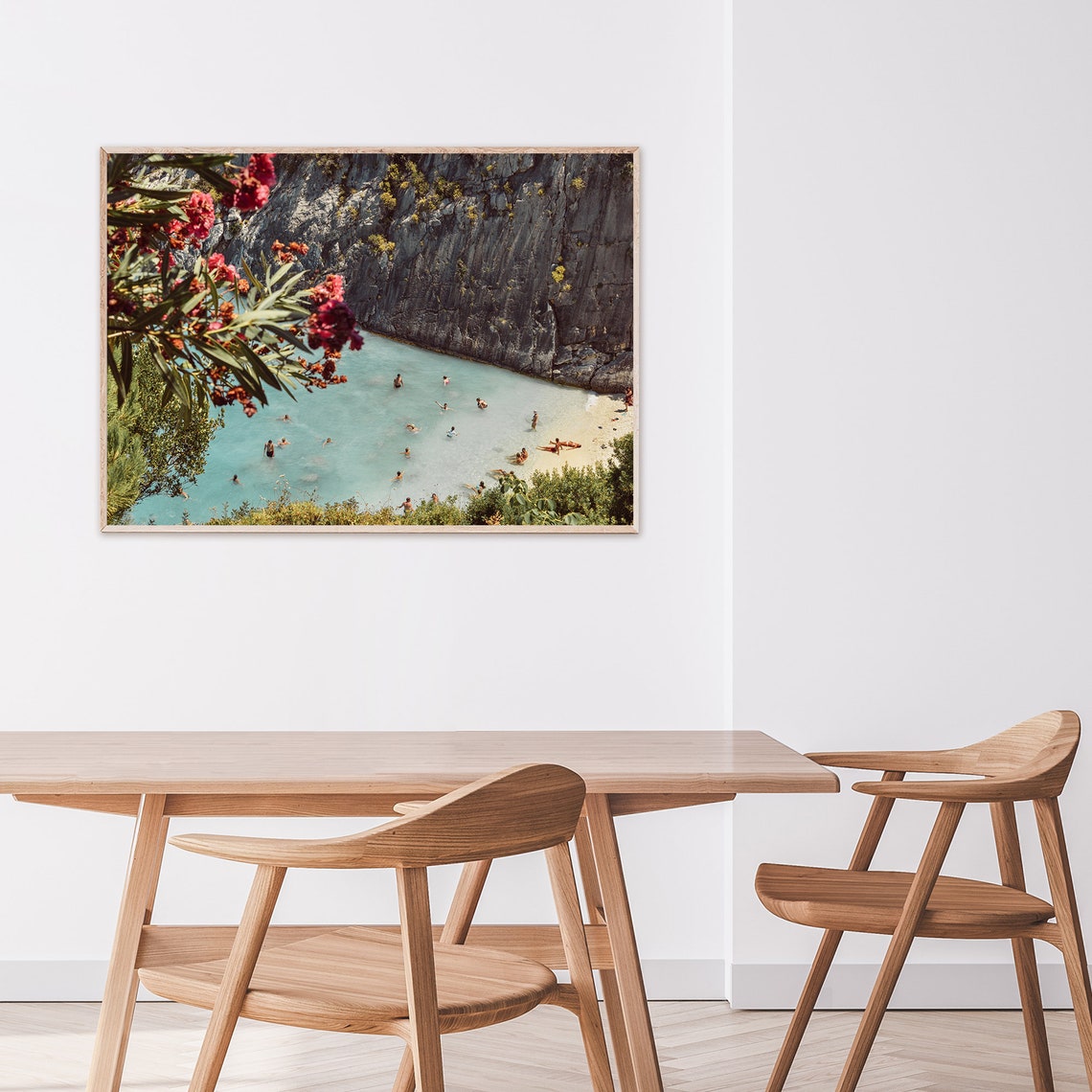 Greek Island Cove with Swimmers Under Cliffs and Flowers Poster - Image 2