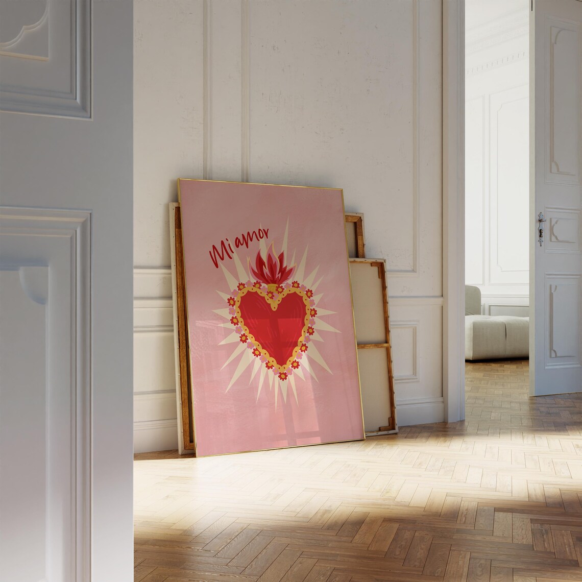 Mi Amor Sacred Heart Floral Folk Art Pink Religious Wall Art - Image 3