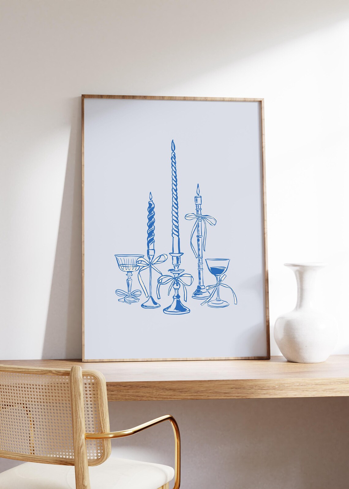 Elegant Blue Line Drawing Candles and Wine Glasses Art Poster - Image 2