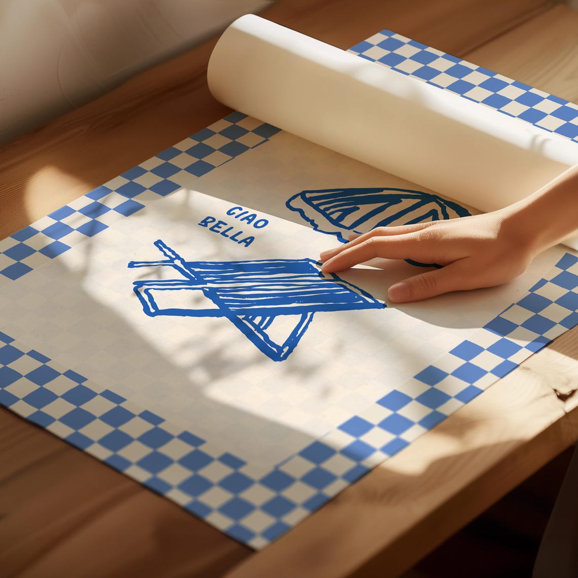 Ciao Bella Blue Beach Umbrella Checkerboard Retro Art Poster - Image 3