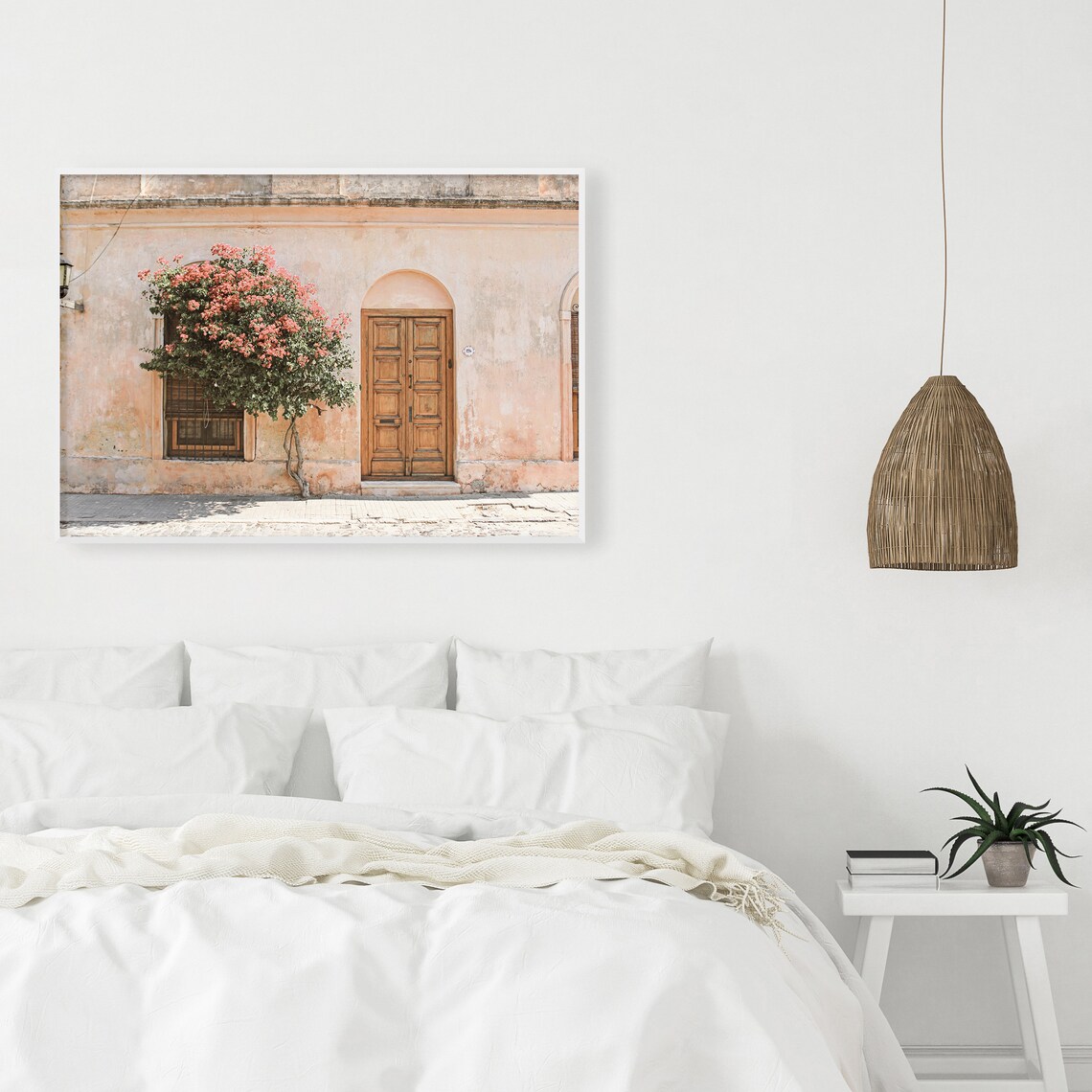 Pink Spanish Building Facade Bougainvillea Wooden Door Poster - Image 3