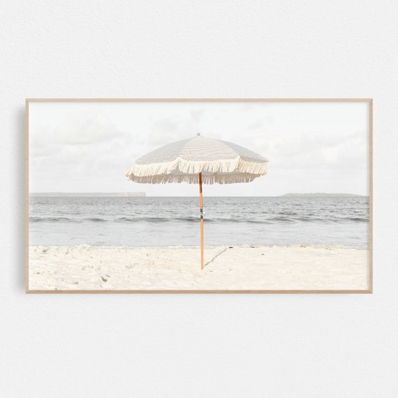 Beach Umbrella Shoreline Waves Coastal Art Print