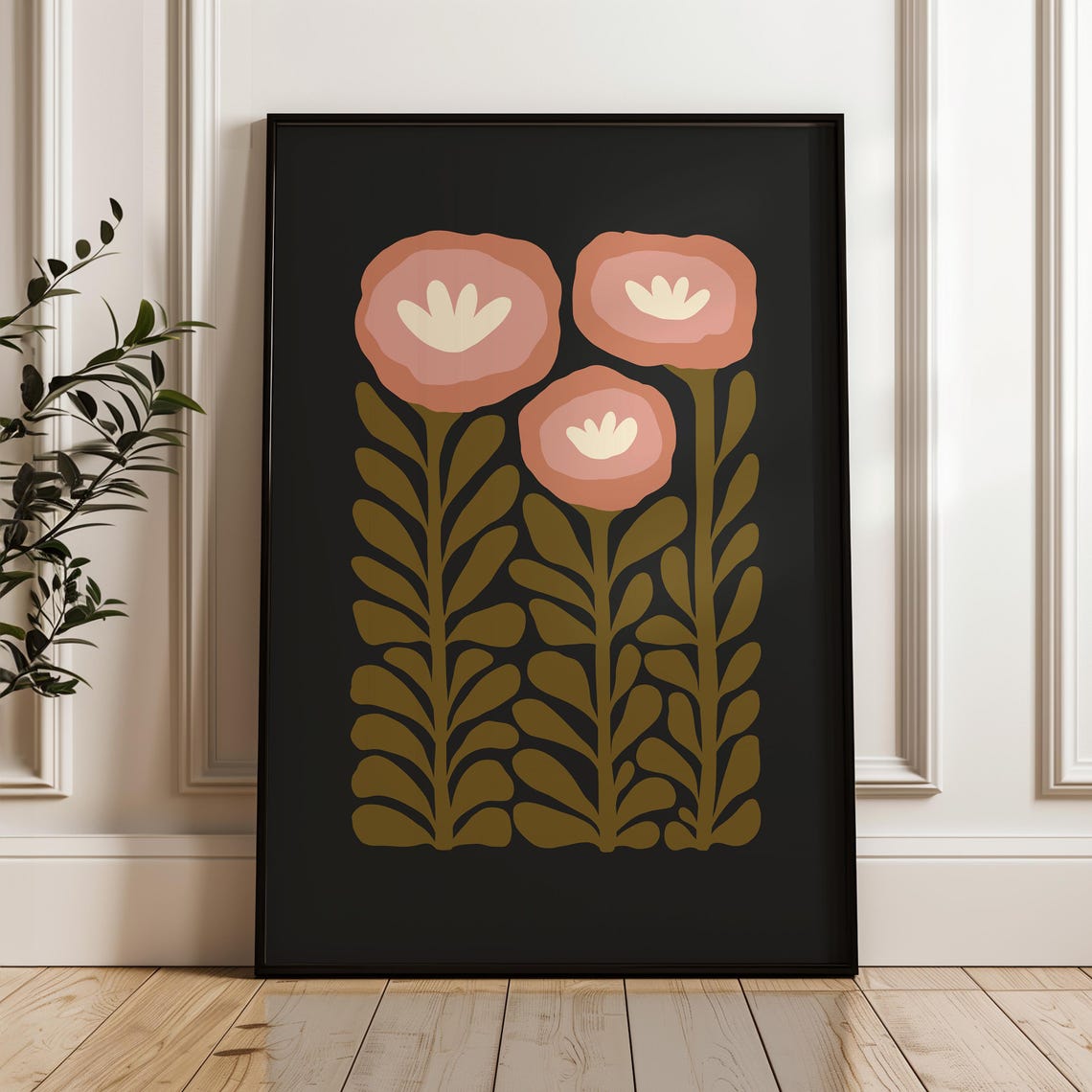 Moody Black Three Pink Flower Stems Abstract Botanical Poster - Image 5