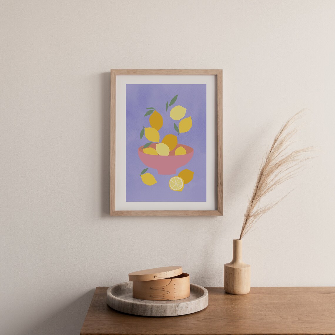Pink Bowl Of Lemons On Lavender Watercolor Kitchen Art Poster - Image 3