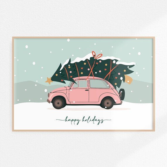 Car Christmas Retro Holiday Decor Art Print