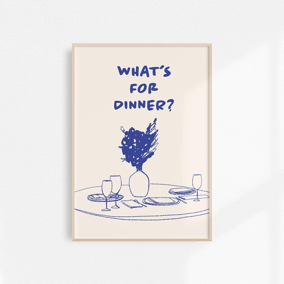 Blue Whats For Dinner Retro Kitchen Table Setting Sketch Wall Art