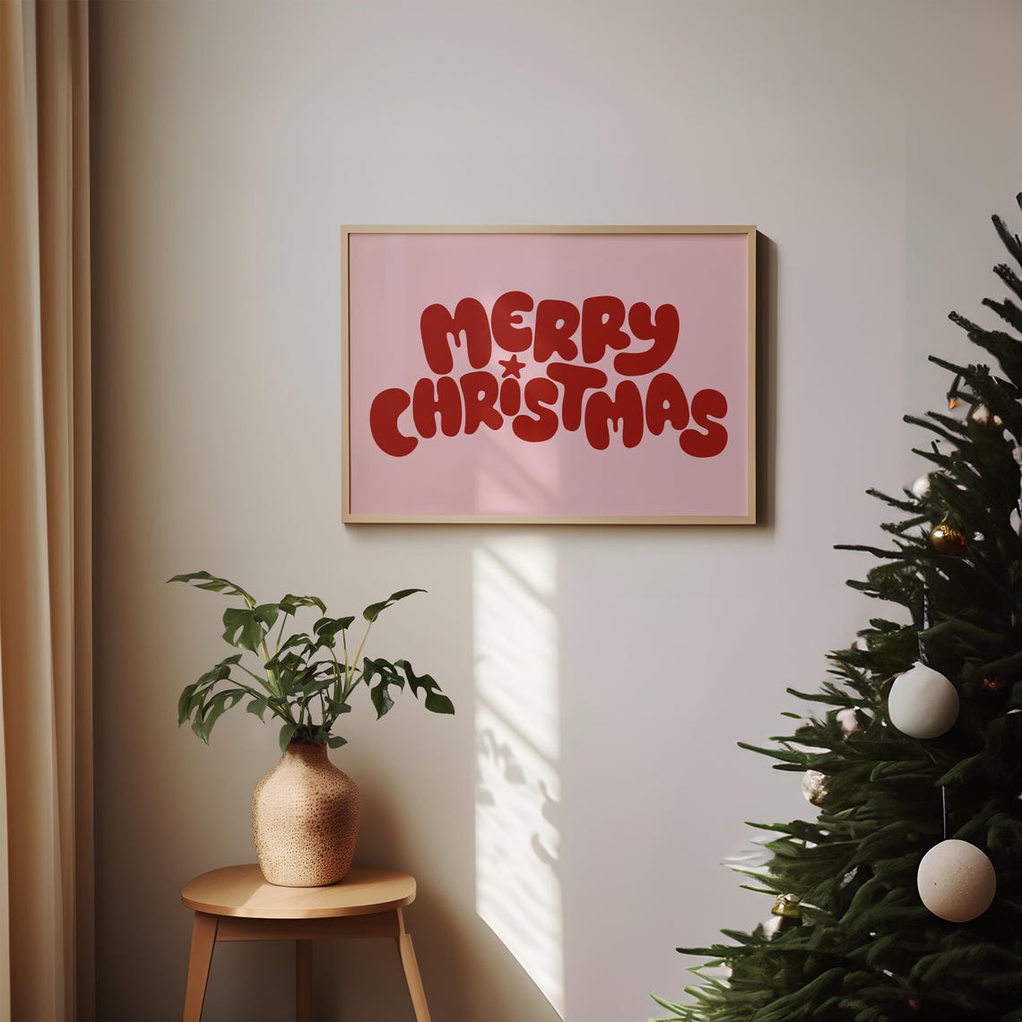 Merry Christmas Red Bubble Letters Blush Pink Holiday Art Poster - Image 5