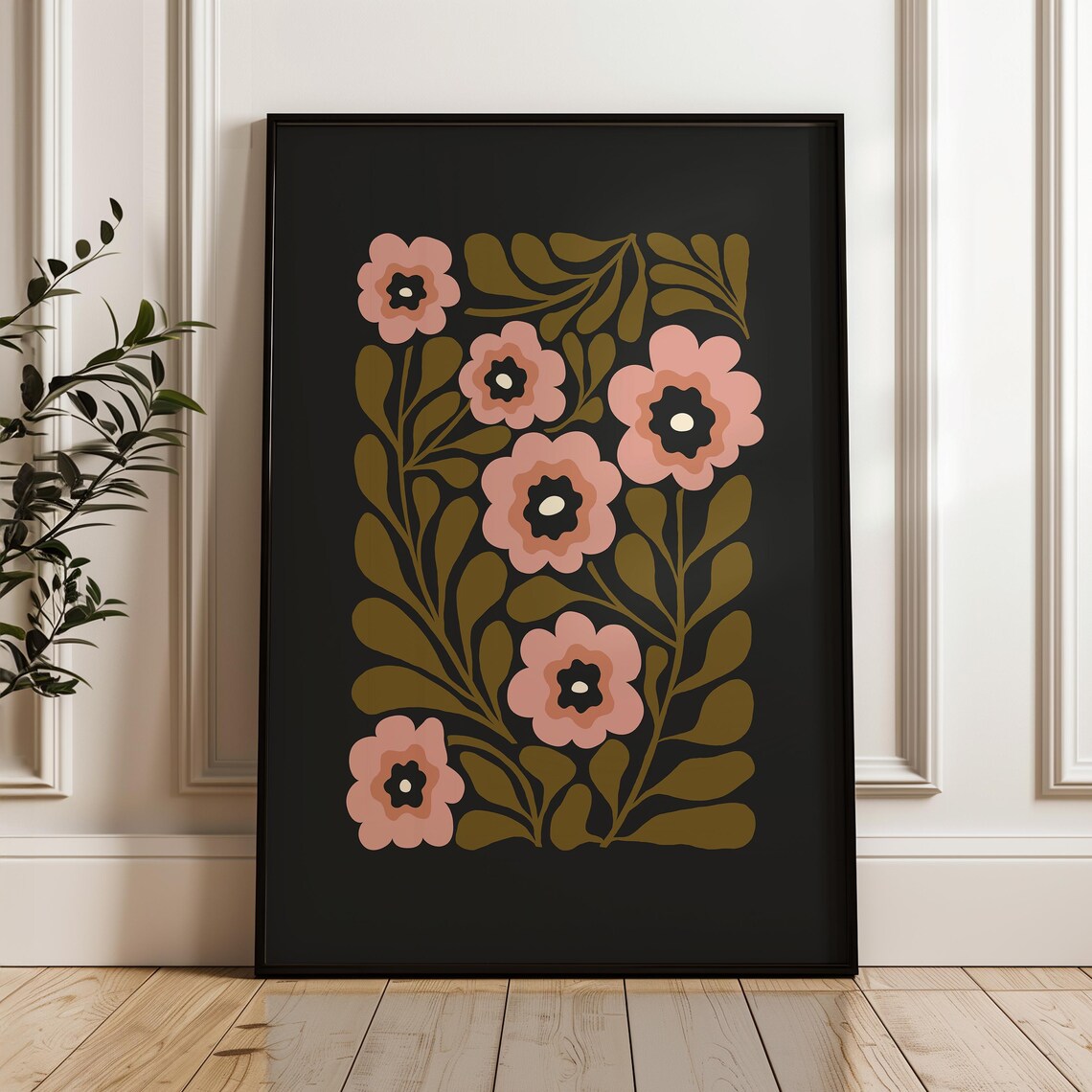 Pink Blossom Floral Pattern Charcoal Black Background Art Poster - Image 4