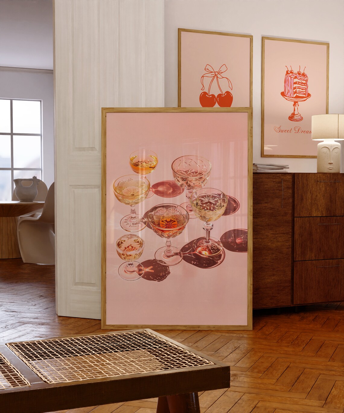 Pink Champagne Crystal Coupes Retro Bar Cart Cheers Art Poster - Image 3