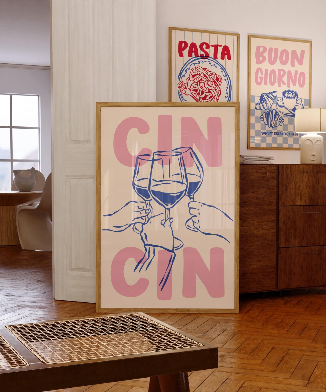 Cin Cin Pink Blue Wine Glass Cheers Bar Cart Decor Art Poster - Image 2